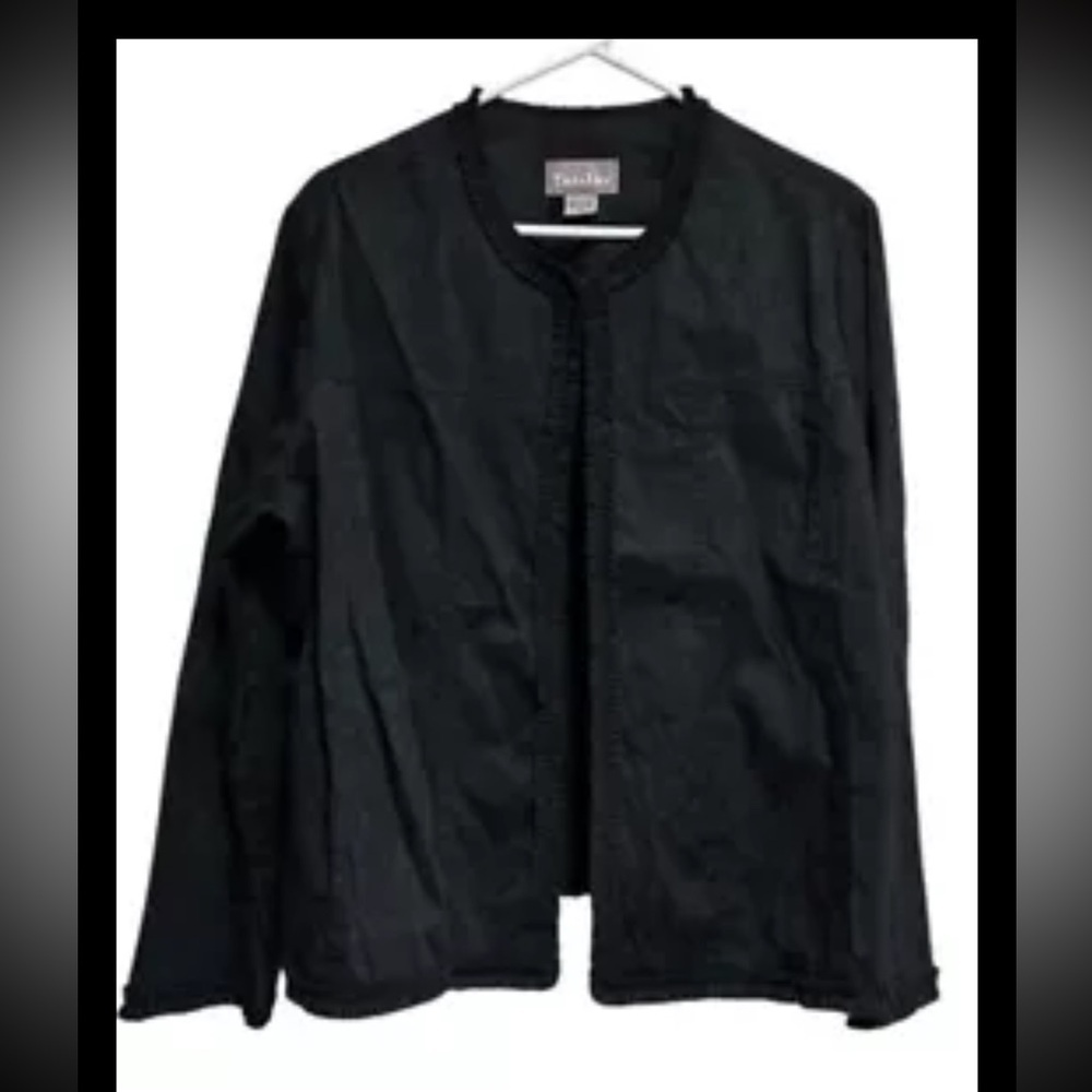 TanJay Blazer Jacket Black Size 16 Jacquard Print Ruffle Detail NWT